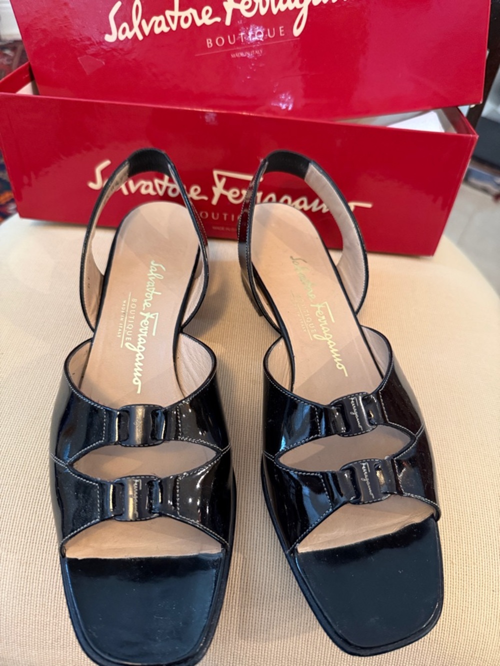 Salvatore Ferragamo Black Patent Leather Bow Slingback Sandals